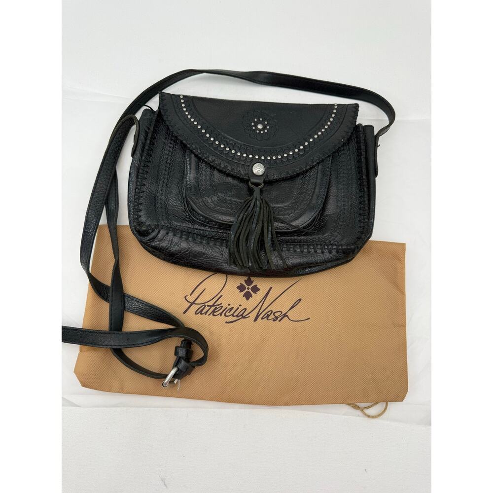Patricia Nash Beaumont Black Tooled Leather Crossbody Bag Tassel Boho Western - Picture 13 of 13